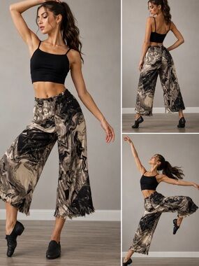 Attitudes by Rene Pants with Elastic Waistband and Fringed Hem in Black Gray